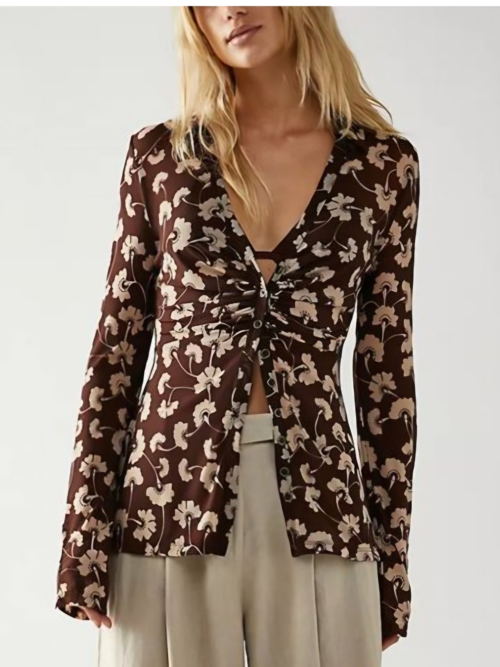 Free People Brown Floral Gathered Button-Down Top